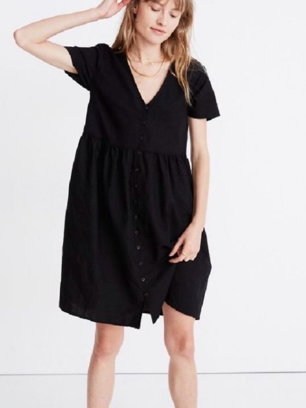 Madewell Alexandra Linen Blend Button Up Mini Dress Black XS